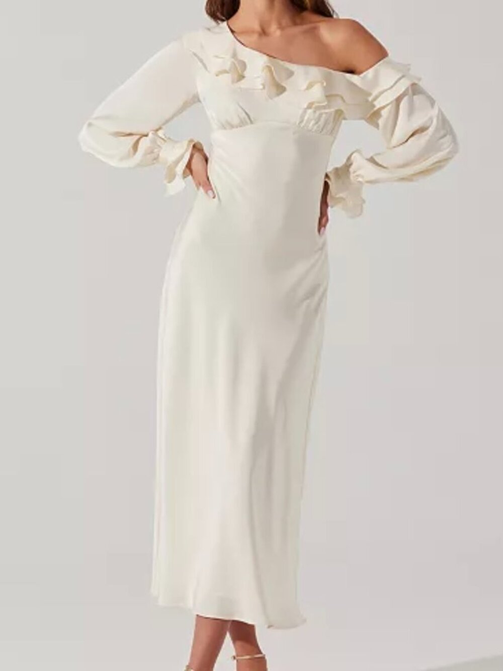 NWT ASTR The Label Coraline Ivory Cream One Shoulder Maxi Ruffle Dress S